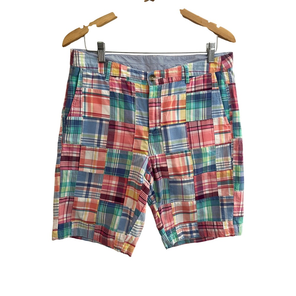 LL Bean Favorite Fit Patchwork Madras Plaid Shorts Womens 12 Reg Multicolor